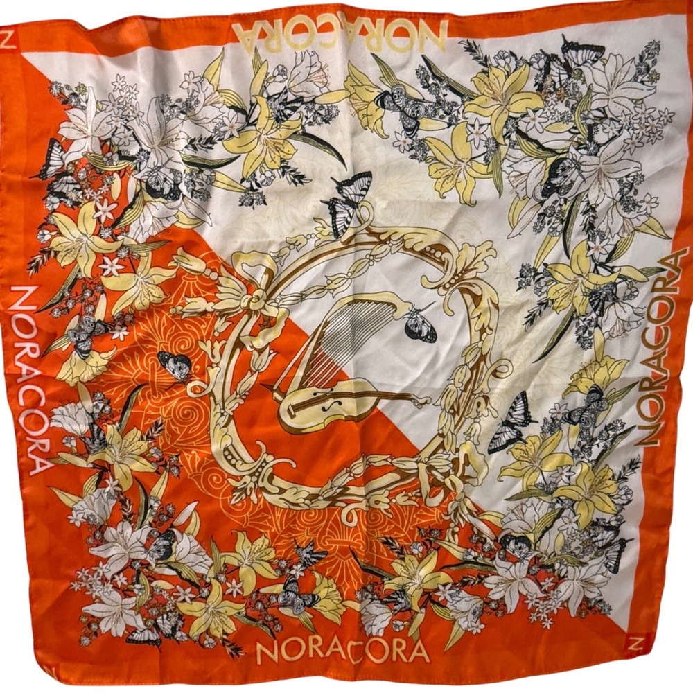 Noracora Square Scarf Orange Floral Butterfly Baroque 21" Vintage-Inspired